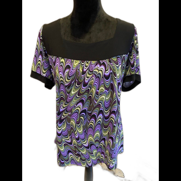 Gitano Plus Size 18-20W Top Short Sleeve Top Square Neck Purple Green  Stretch - Picture 1 of 11